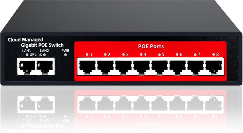STEAMEMO 10-Port Gigabit Managed PoE Switch, 8 PoE+ Ports@120W, 2 Uplink Ports, VLAN, PoE Scheduler, Fanless, Plug and Play, Sturdy Metal, Desktop and Wall-Mount - Image 1